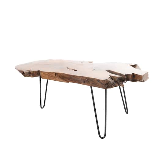 43" Brown Teak Wood Handmade Live Edge Coffee Table with Black Metal Hairpin Legs